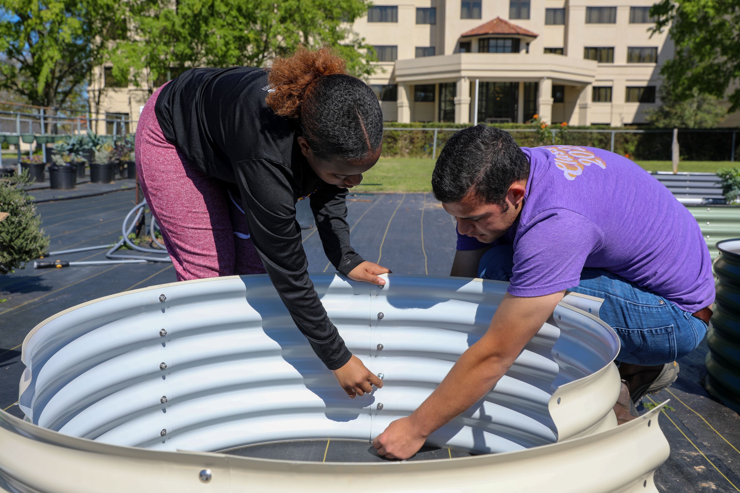 Two students install metal garden container