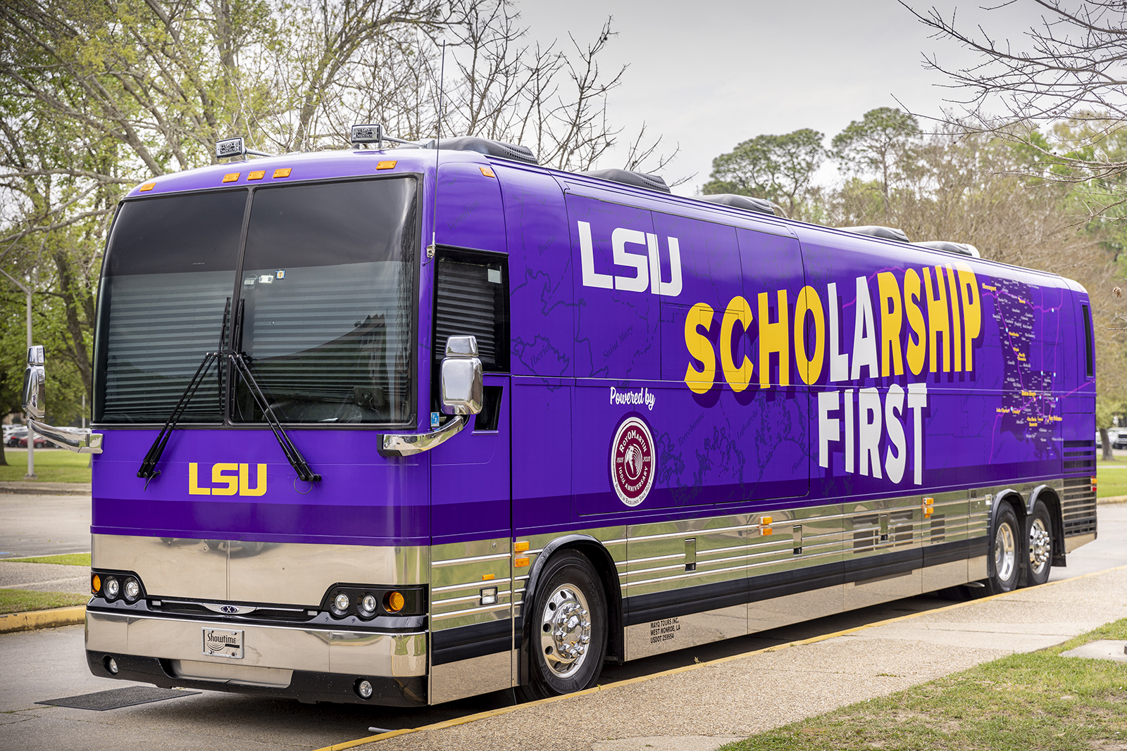 LSU Scholarship First tour bus parked on compus