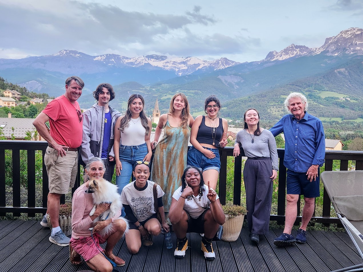 Group photos of LSU students and staff with mountain backdrop in French Alps
