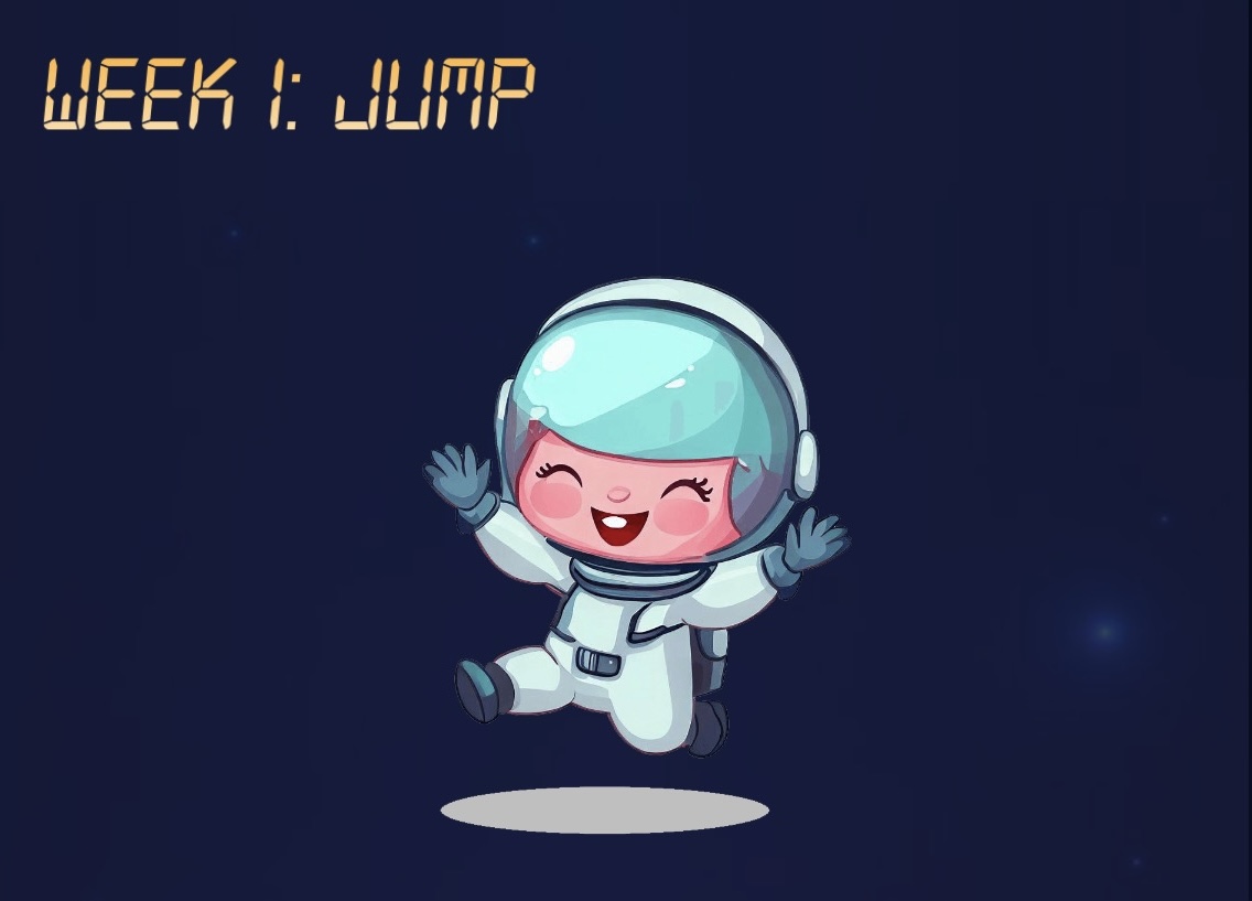 Visual from the Mission Play app of a cartoon astronaut character in space, labeled ‘Week 1: Jump’