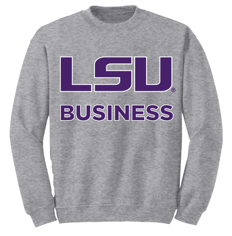 grey sweatshirt with LSU Business in purple