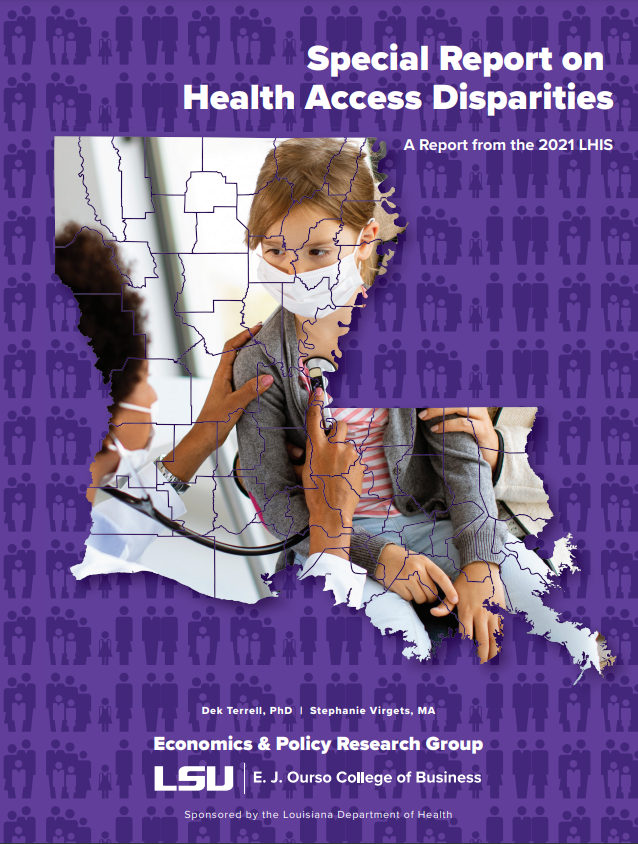 Cover of the Health Access Disparaties report, with doctor listening to childs hear. 