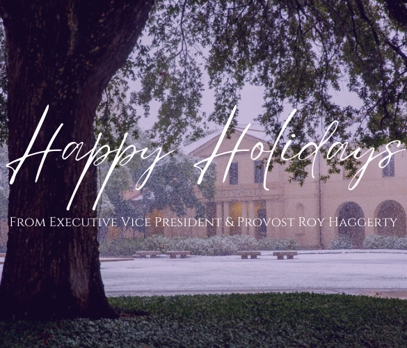 Happy Holidays from Executive Vice President & Provost Roy Haggerty (image of LSU campus with snow falling)