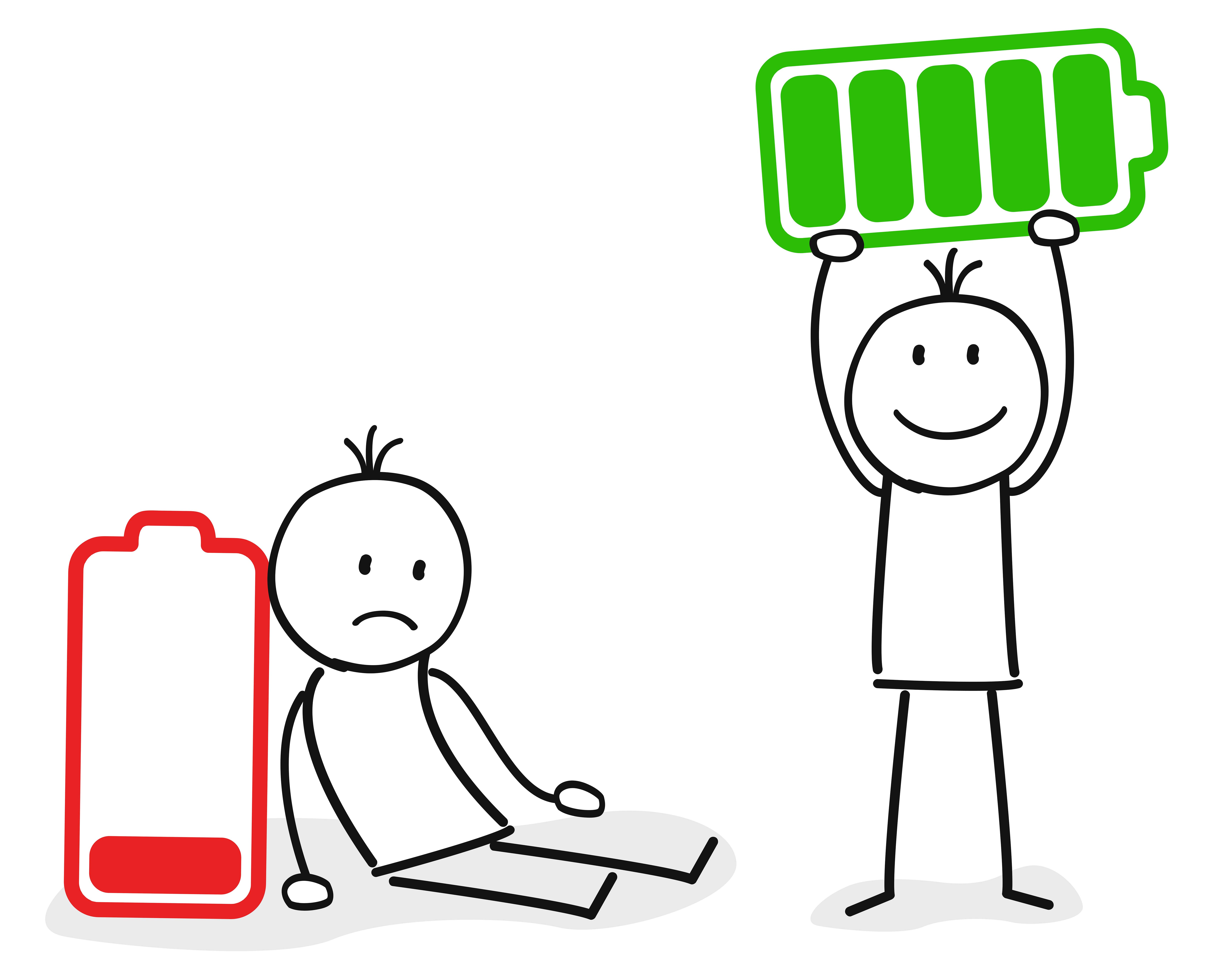 stick figure of a person against a battery with low power sitting next to another stick figure with batter depicting full power