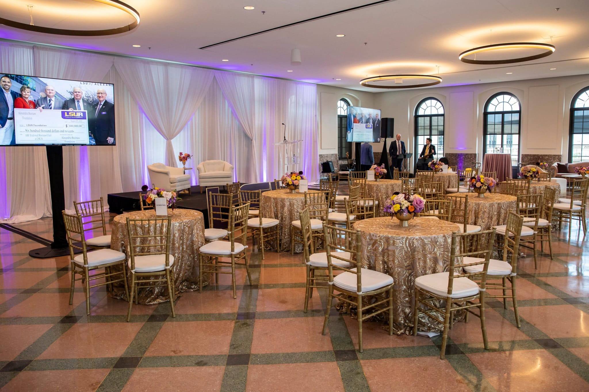 Huey P. Long Field House ballroom decorated