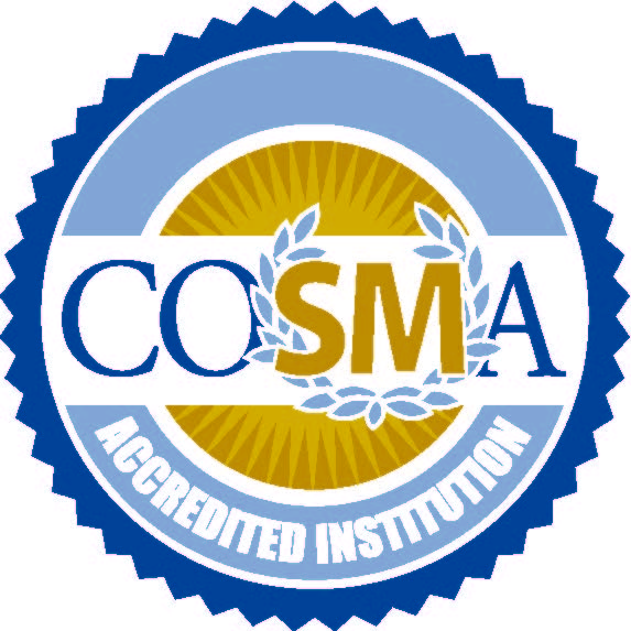 blue, white and gold circular seal with leaf wreath, text: COSMA, Accredited Institution