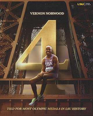 Photo of Vernon Norwood sitting on the Eiffel Tower with a gold number four behind him. Tied for the most olympic medals in LSU history written along the bottom