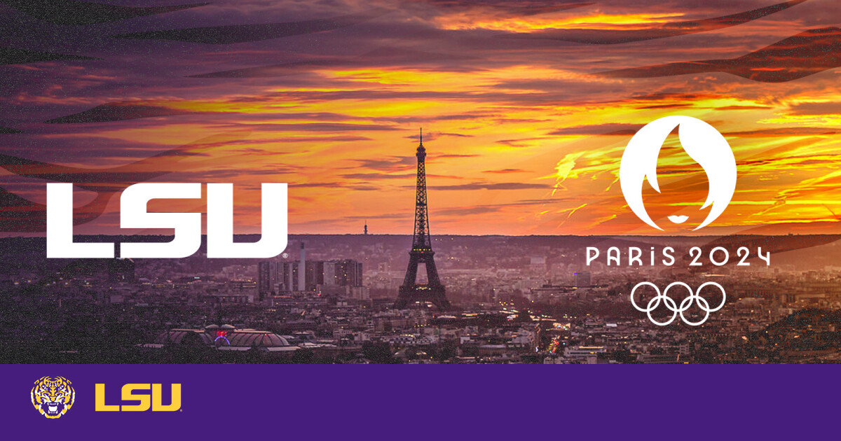 A photo of the Paris skyline with the Eiffel Tower and LSU with the Paris 2024 logo