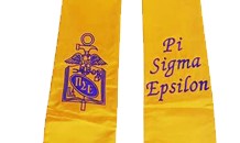 Yellow stole with purple image of a hammer with wings on the left side and the text Pi Sigma Epsilon on the right.