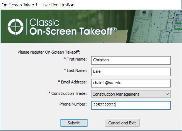 Register to On-Screen Takeoff using your own credentials and click Submit.