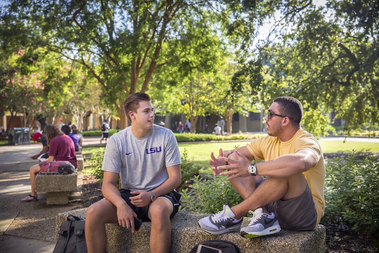 students talking on bench