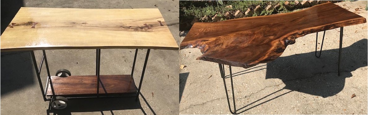 a rolling cart with wooden top and handmade table