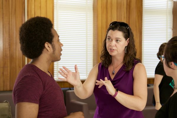 professor and student in broussard hall