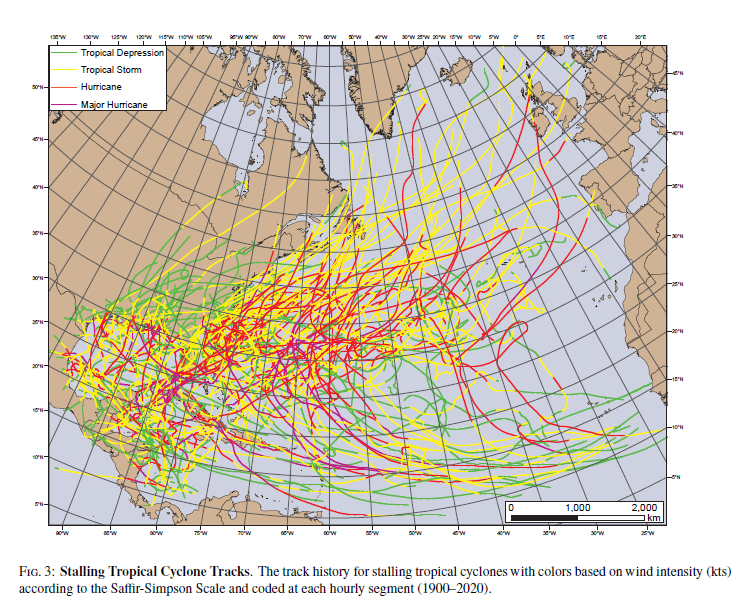 Figure 3 is a photo showing the track history for stalling tropical cyclones with colors based on wind intensity according to the Saffir-Simpson Scale and coded at each hourly segment.