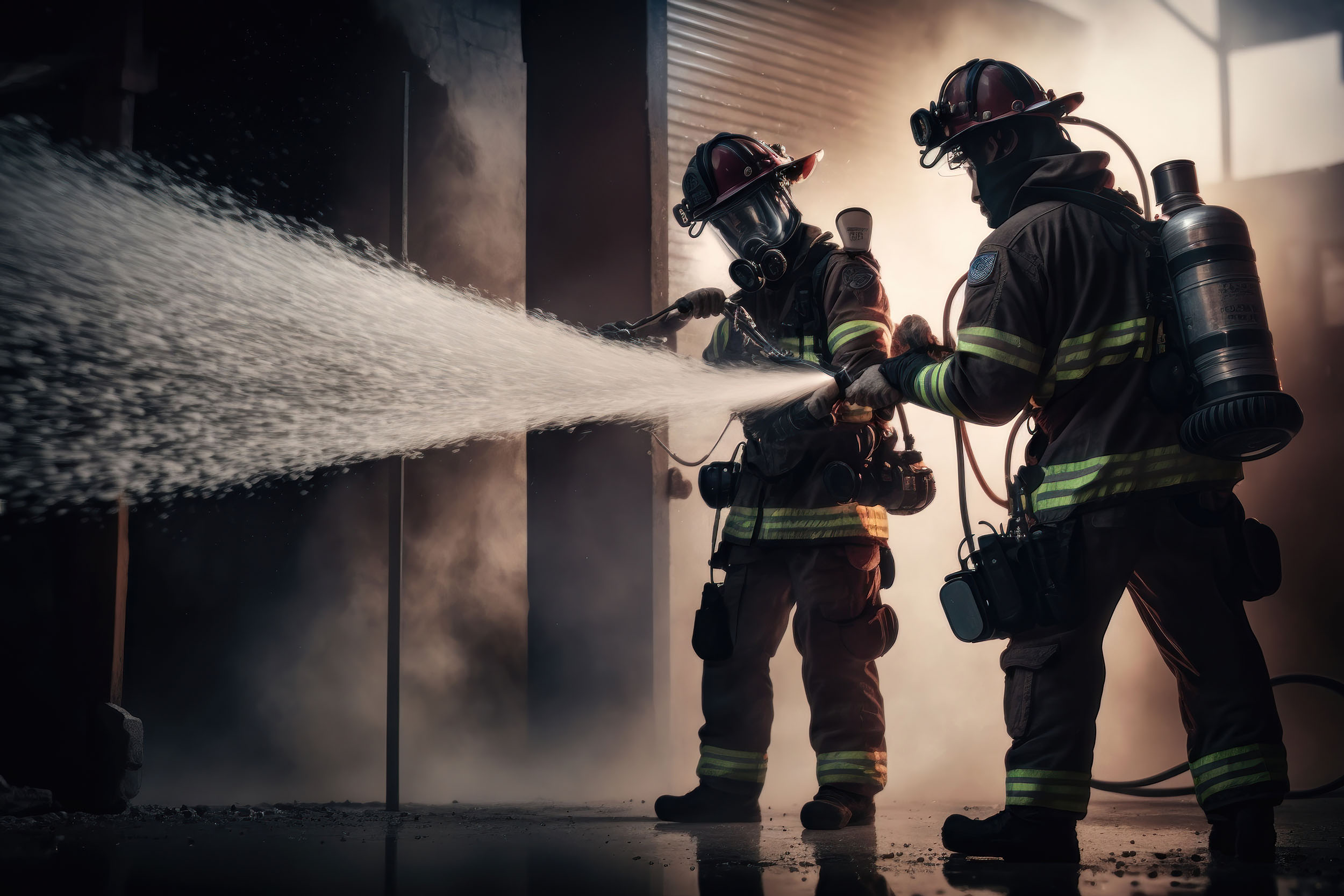 firefighters with water hose