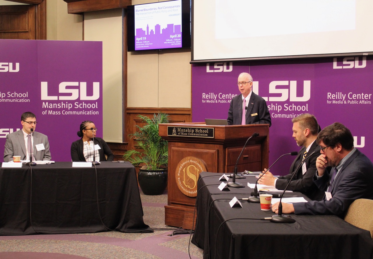 Dean Ceppos introduces the Manship Community Resilience Study panel during the 2017 Breaux Symposium