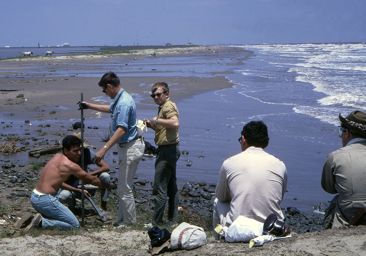 Scientists from LSU Coastal Studies Institute studying mudlumps at South Pass, c. 1967 (Frank J. Swaye Collection, Mss. 5212)
