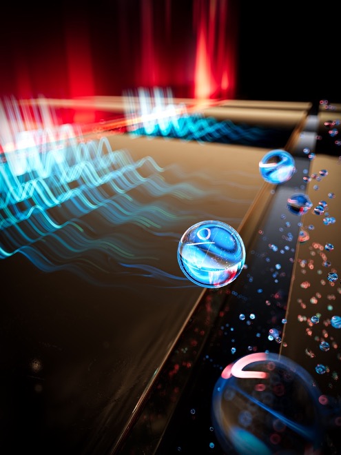 A metallic nanostructure hosts plasmonic waves produced by vacuum fluctuations of the electromagnetic field. The illustration also depicts the scattering of surface plasmons, which produces multiparticle systems with either bosonic or fermionic coherence properties.