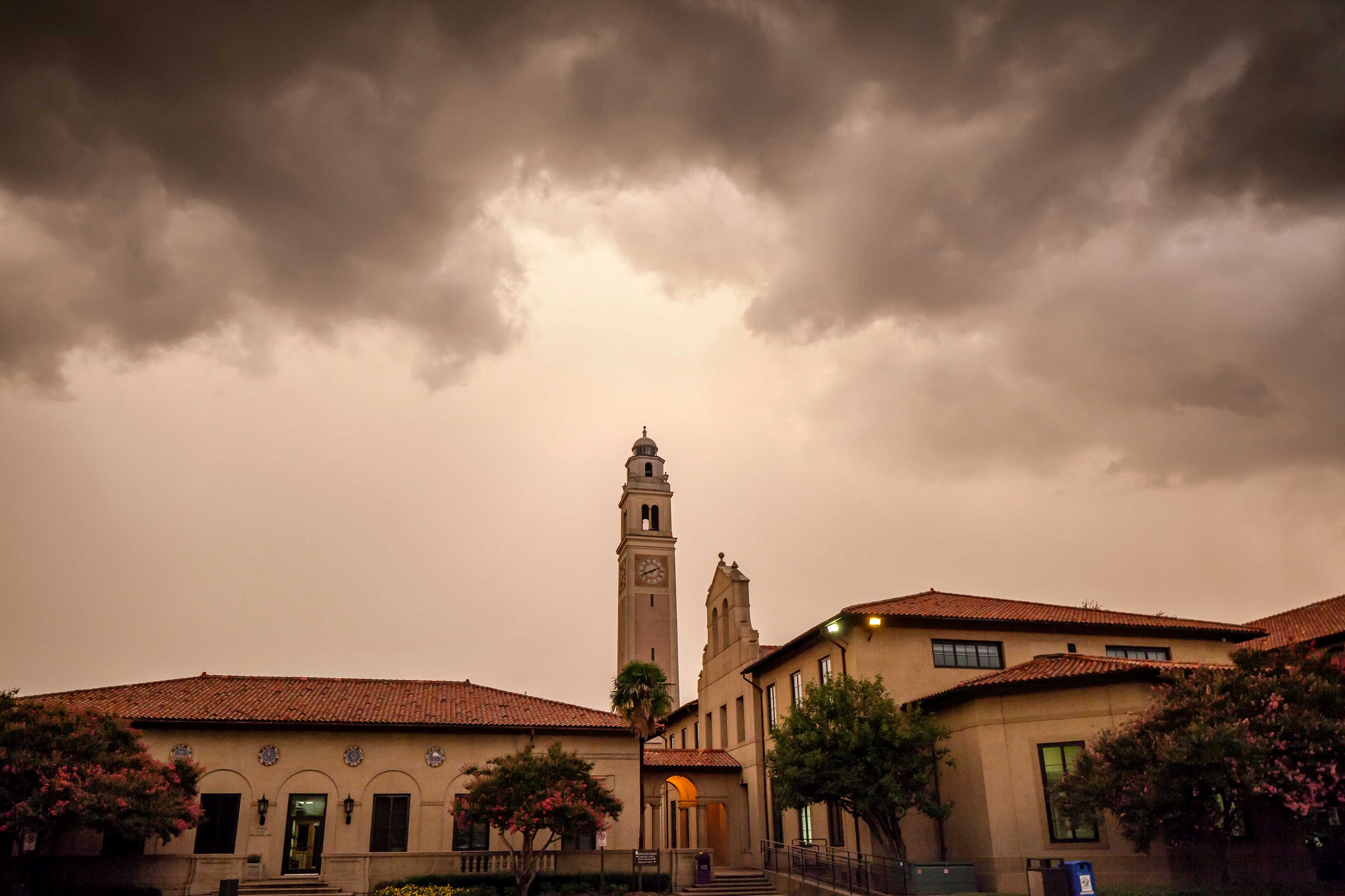 Memorial Tower under a stormy sky.