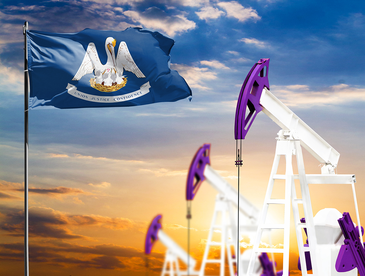 illustration of louisiana flag and oil well
