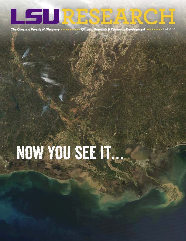 Cover Image for Fall 2013 Magazine: High Resolution aerial photograph of Louisiana coast, with the words "Now You See It"