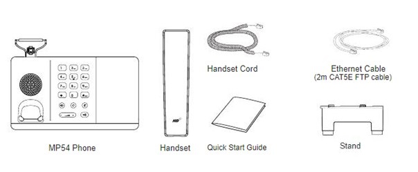 Image shows mp54 phone, handset, cables, start guide, and stand