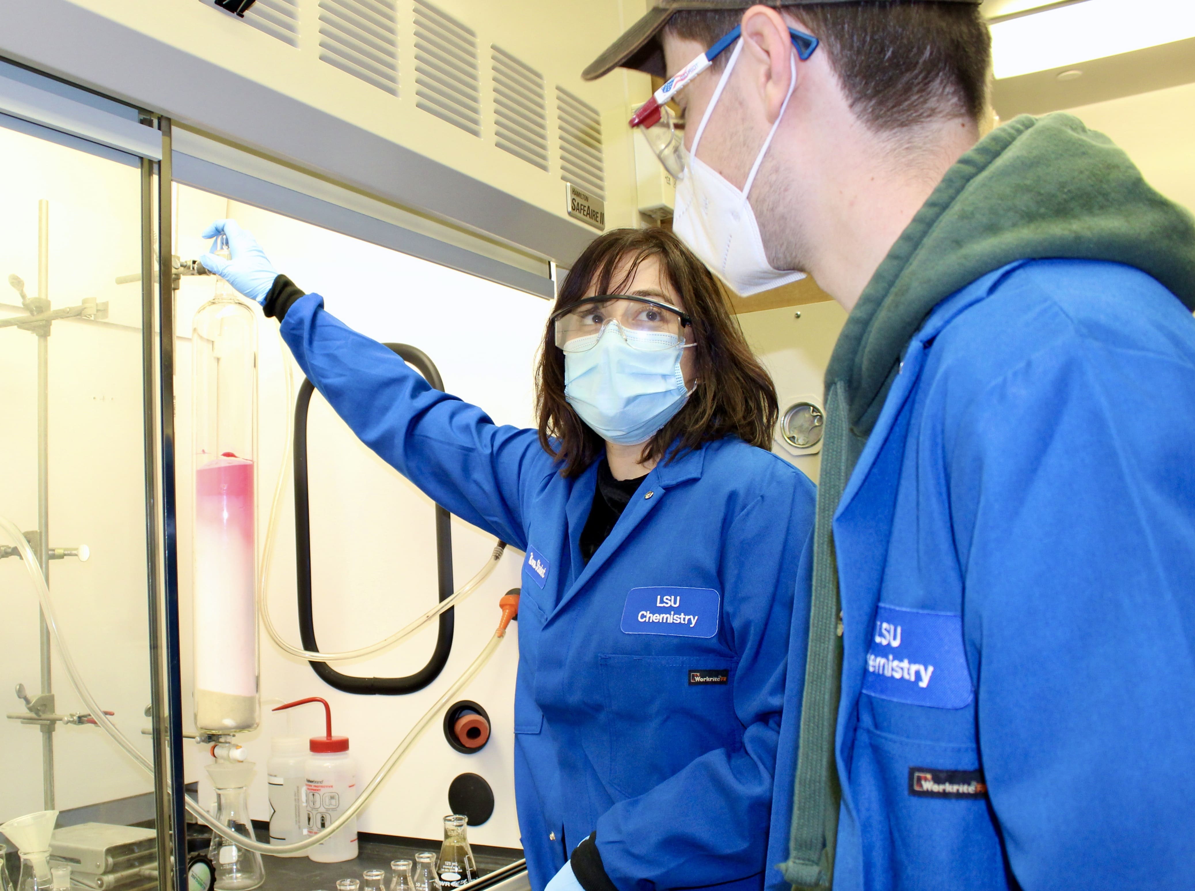 Assistant Professor Fatima Rivas and LSU student Daniel Sentilles purifying the mushroom-derived compound called Erperox. 