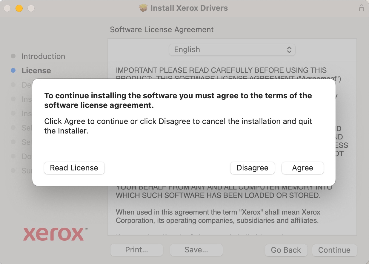 agree dialog window for xerox driver installer