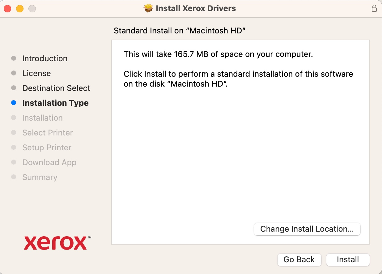 install type dialog window for xerox driver installer