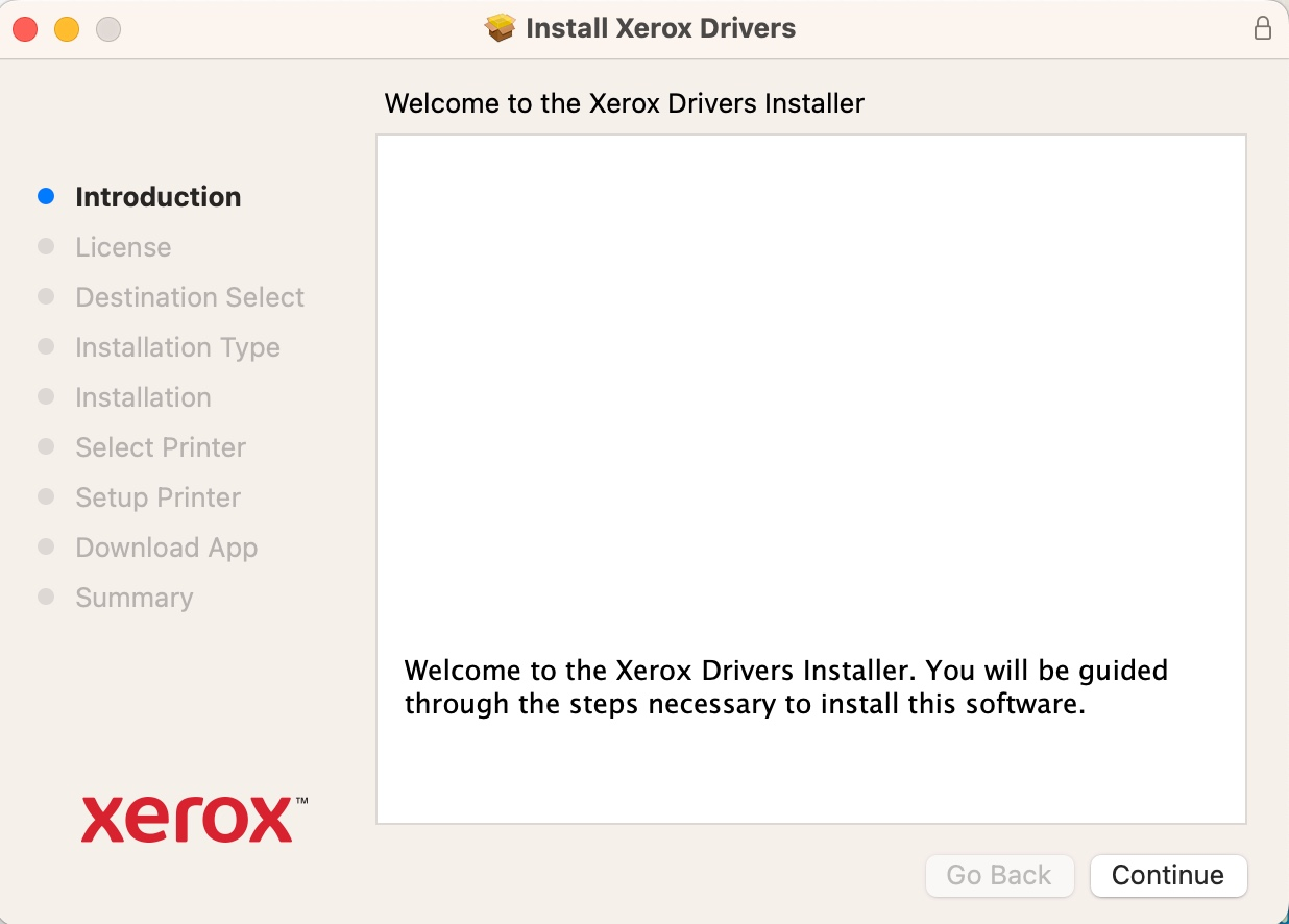 intro dialog of xerox driver installer