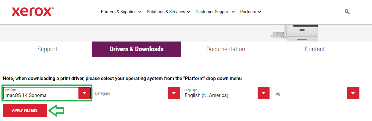 picture of xerox site with options to select macos