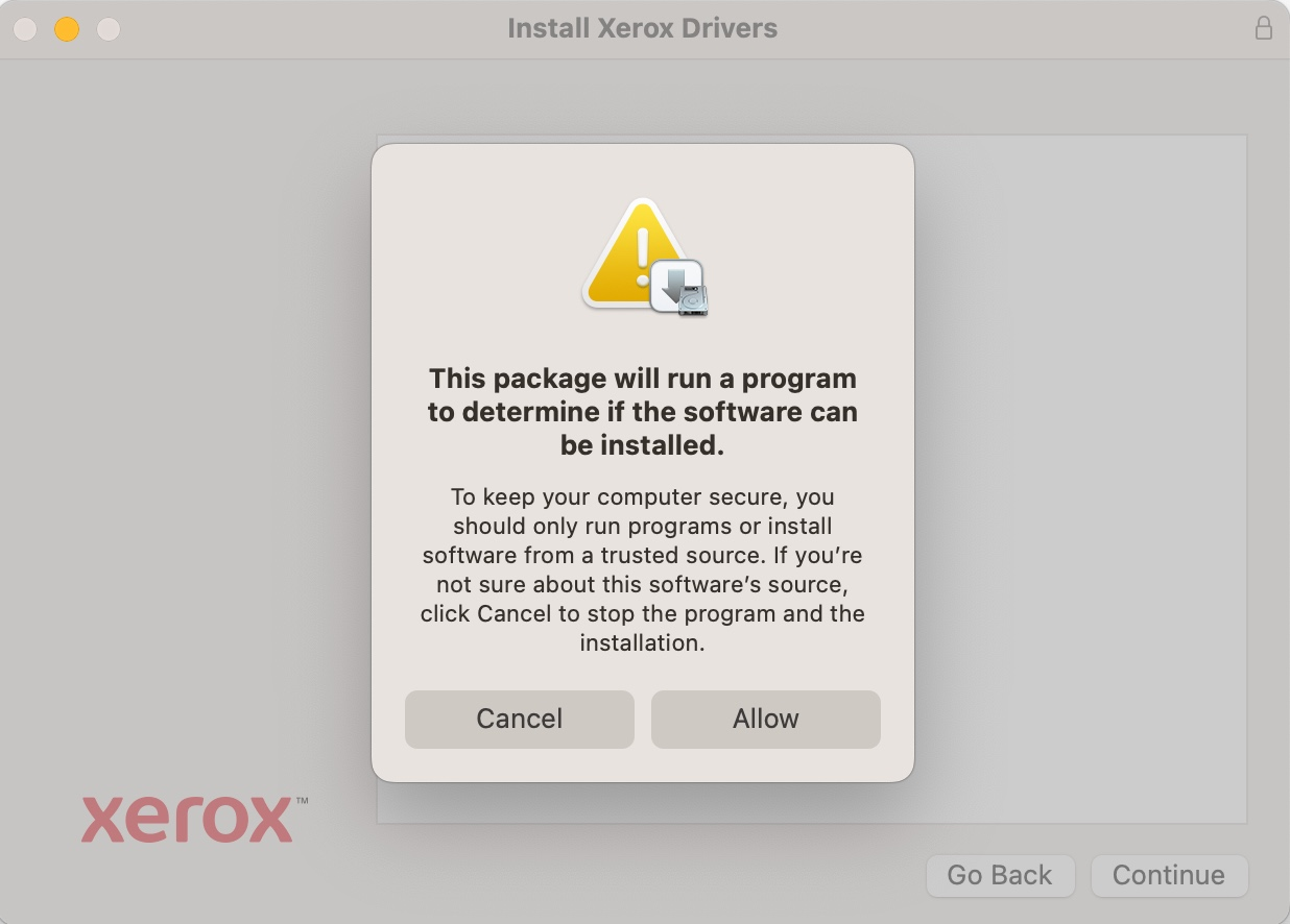 run dialog box with running the xerox driver installer