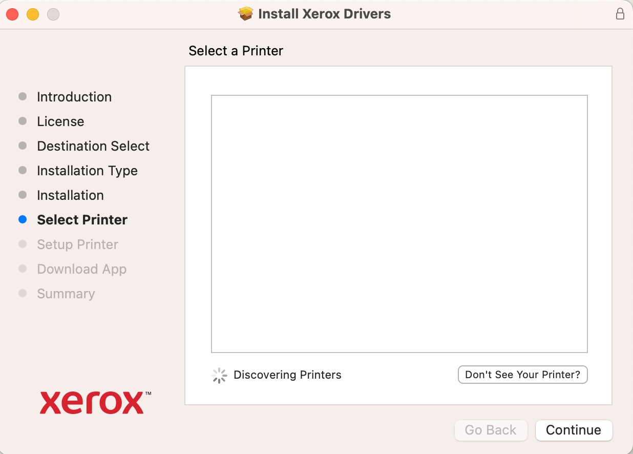 printer select window in xerox driver installer