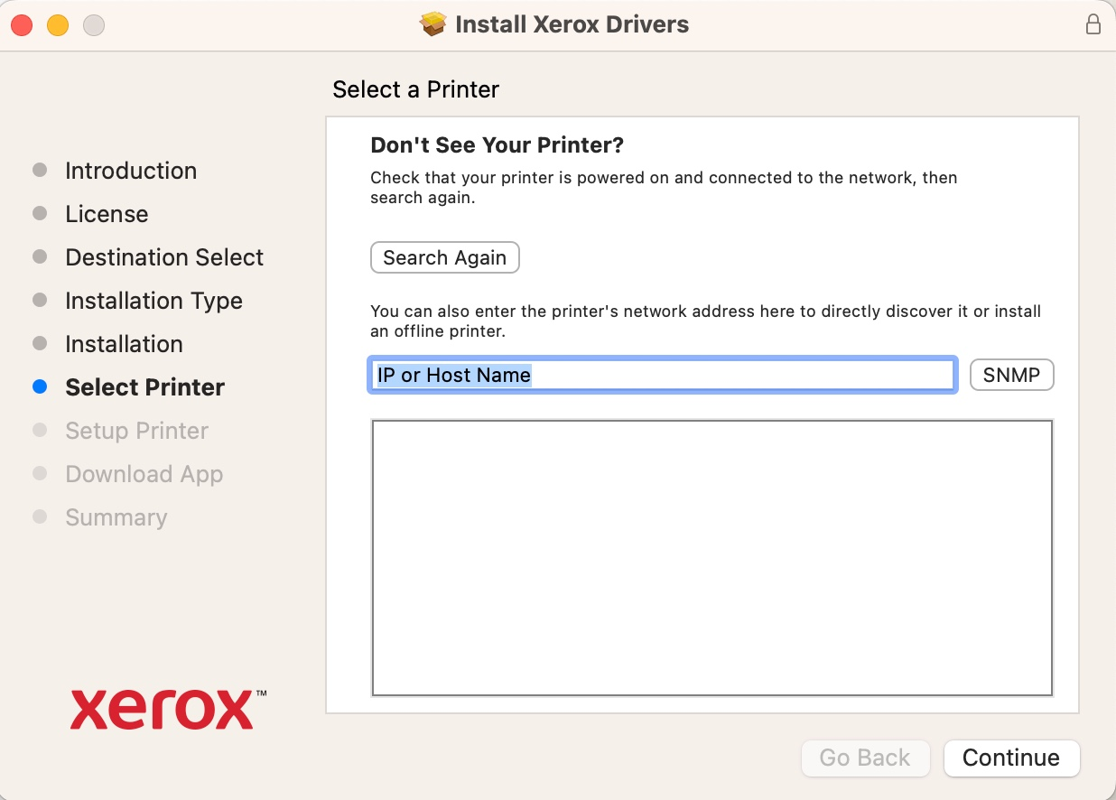 IP dialog box for xerox driver installer