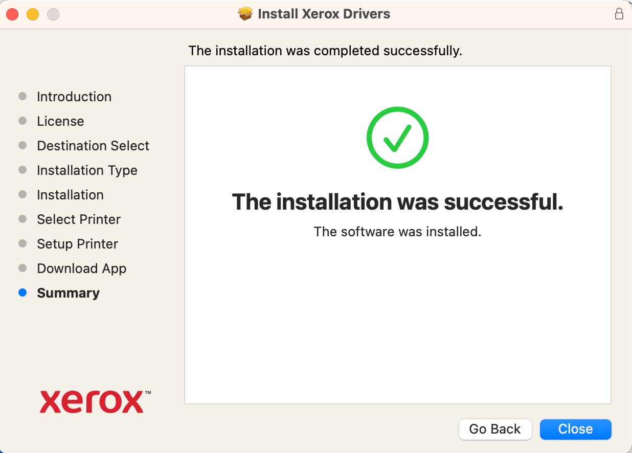 install success dialog window for xerox driver installer