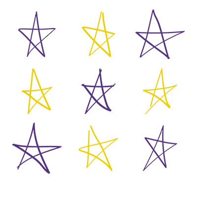 three rows of hand drawn purple and gold stars, LSU College of Science Pursuit for Kids