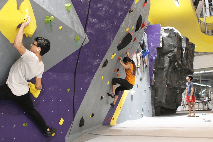 patrons climbing on our bouldering wall