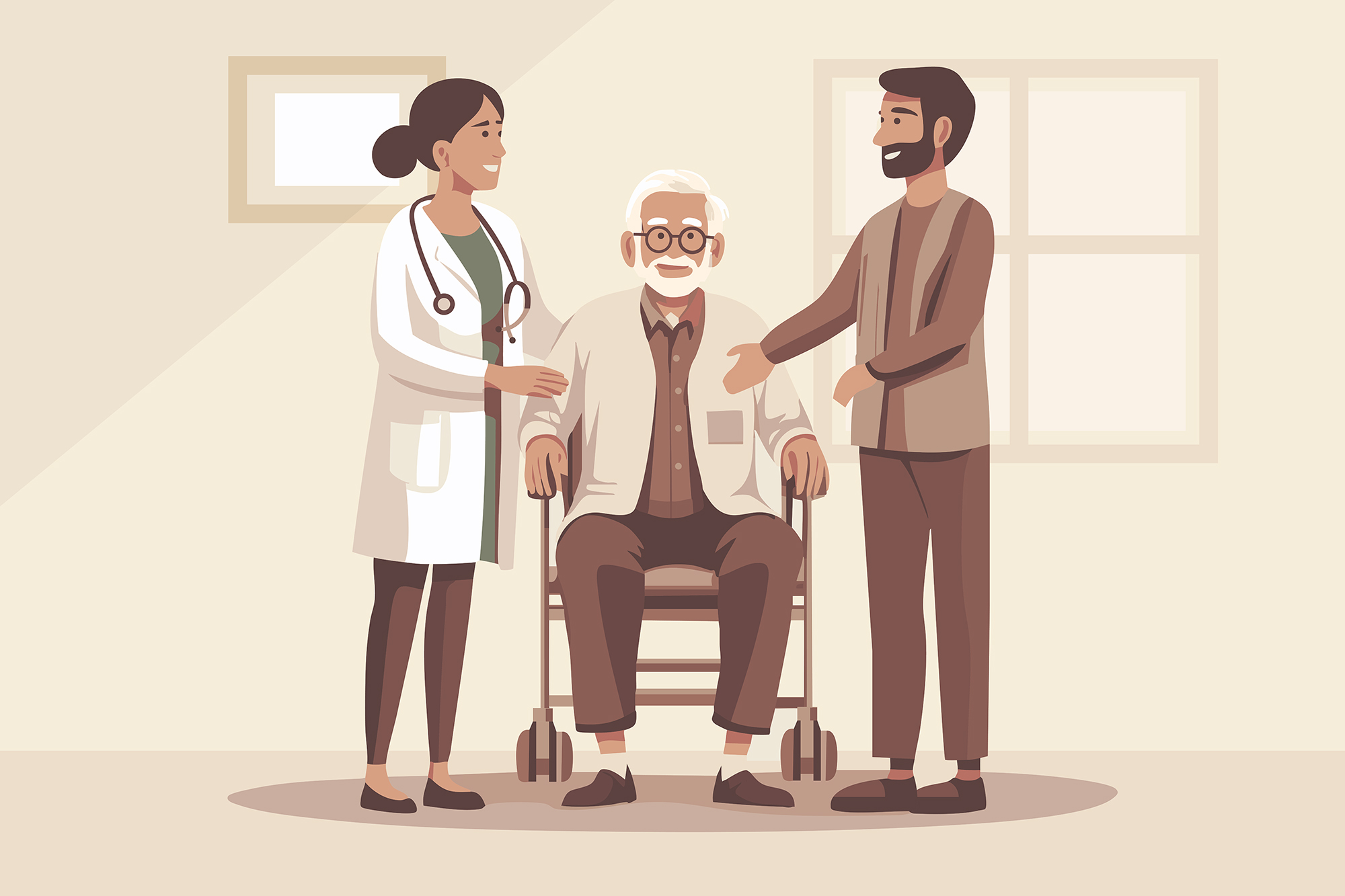 Elderly man surrounded by his doctor and family member